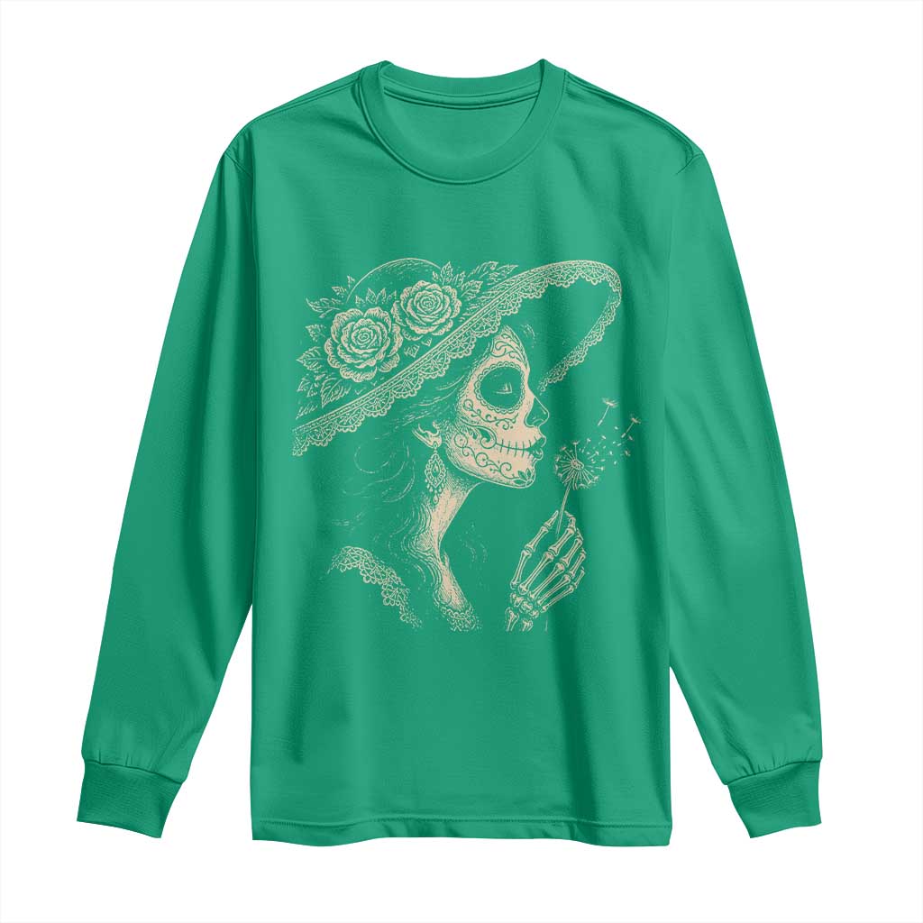 Vintage Dia de los Muertos Catrina Portrait Graphic Long Sleeve Shirt Gothic Sugar Skull Woman Blowing Dandelion