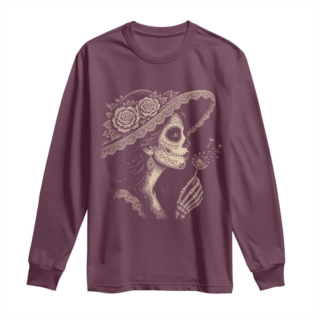 Vintage Dia de los Muertos Catrina Portrait Graphic Long Sleeve Shirt Gothic Sugar Skull Woman Blowing Dandelion