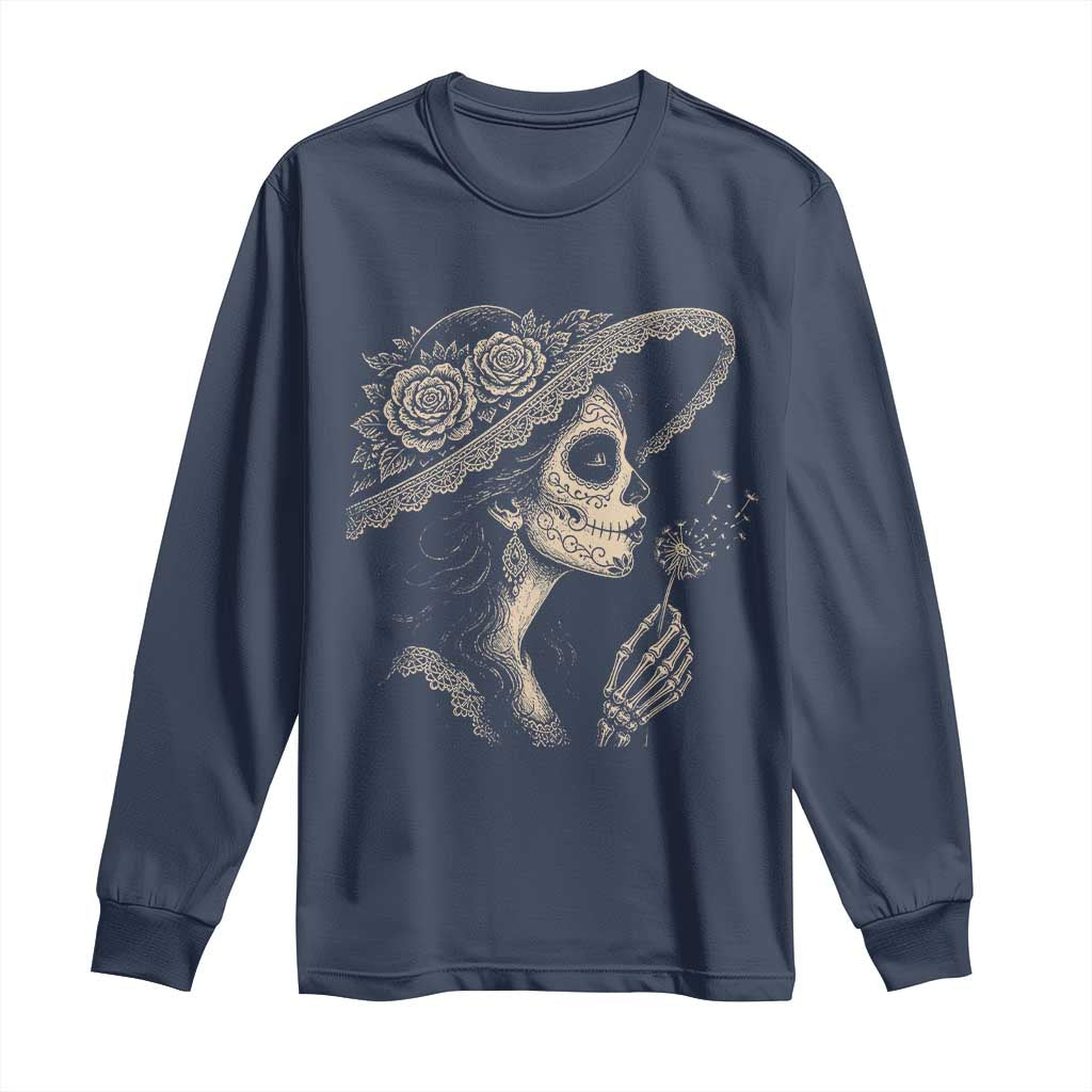 Vintage Dia de los Muertos Catrina Portrait Graphic Long Sleeve Shirt Gothic Sugar Skull Woman Blowing Dandelion