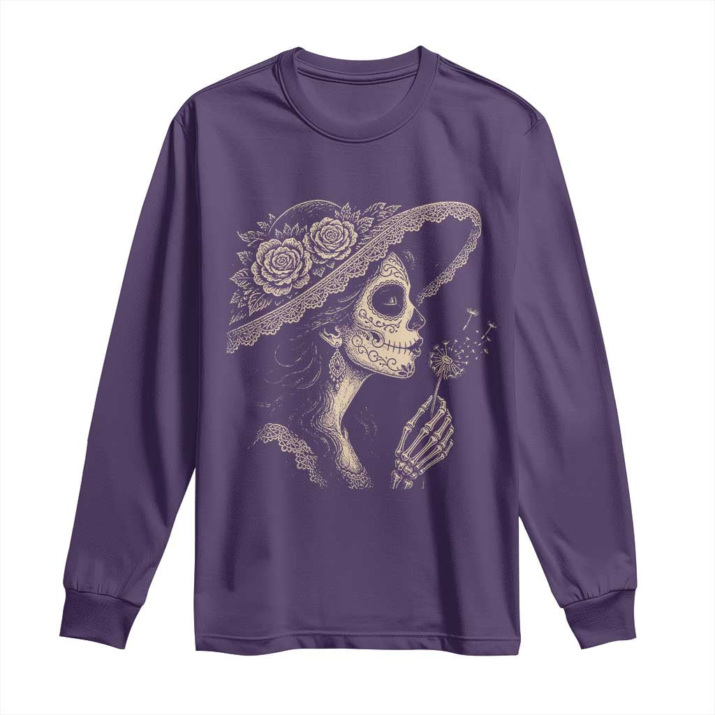 Vintage Dia de los Muertos Catrina Portrait Graphic Long Sleeve Shirt Gothic Sugar Skull Woman Blowing Dandelion