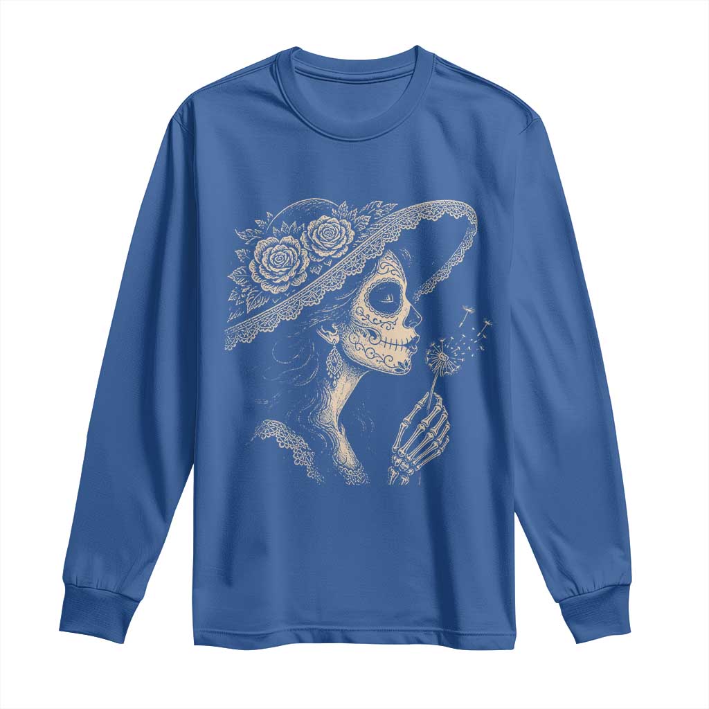 Vintage Dia de los Muertos Catrina Portrait Graphic Long Sleeve Shirt Gothic Sugar Skull Woman Blowing Dandelion