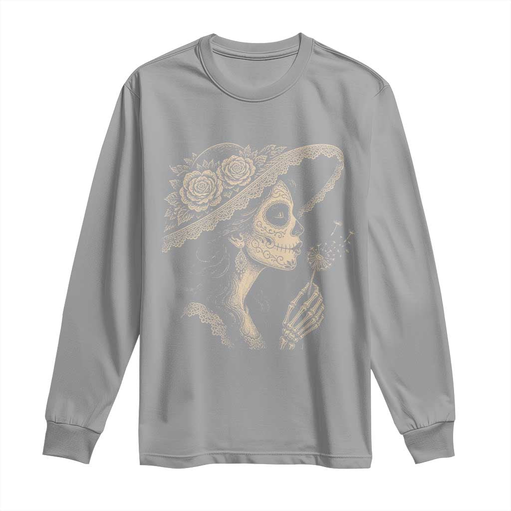 Vintage Dia de los Muertos Catrina Portrait Graphic Long Sleeve Shirt Gothic Sugar Skull Woman Blowing Dandelion
