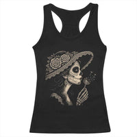 Vintage Dia de los Muertos Catrina Portrait Graphic Racerback Tank Top Gothic Sugar Skull Woman Blowing Dandelion