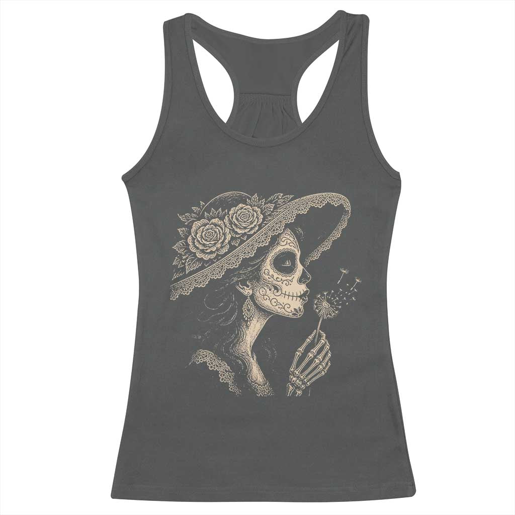 Vintage Dia de los Muertos Catrina Portrait Graphic Racerback Tank Top Gothic Sugar Skull Woman Blowing Dandelion