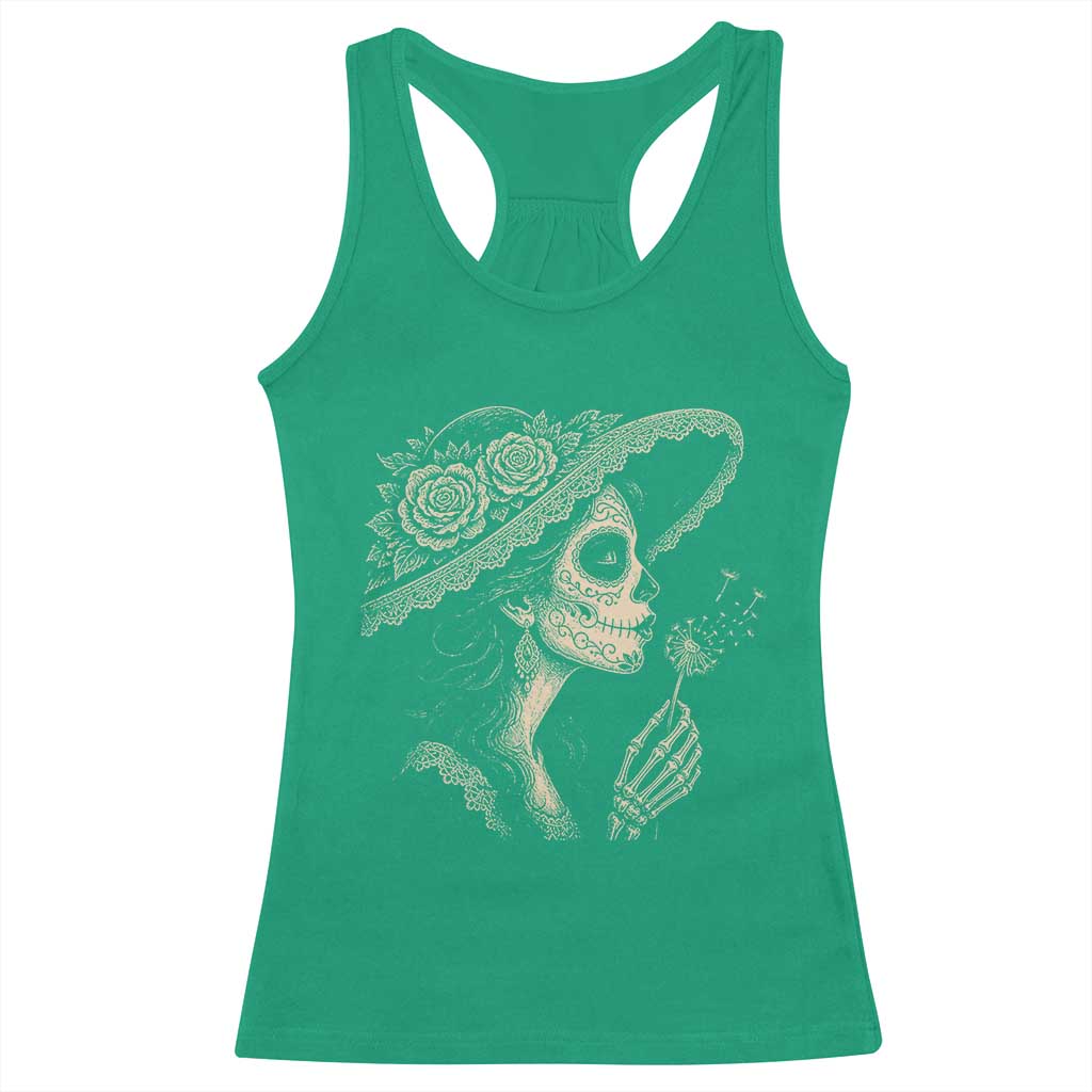 Vintage Dia de los Muertos Catrina Portrait Graphic Racerback Tank Top Gothic Sugar Skull Woman Blowing Dandelion