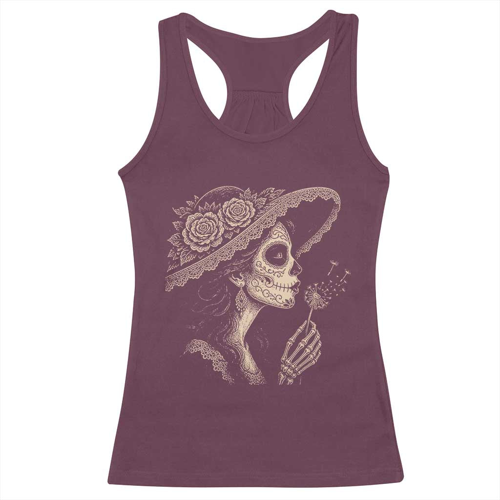 Vintage Dia de los Muertos Catrina Portrait Graphic Racerback Tank Top Gothic Sugar Skull Woman Blowing Dandelion