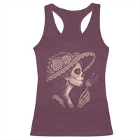Vintage Dia de los Muertos Catrina Portrait Graphic Racerback Tank Top Gothic Sugar Skull Woman Blowing Dandelion