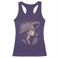 Vintage Dia de los Muertos Catrina Portrait Graphic Racerback Tank Top Gothic Sugar Skull Woman Blowing Dandelion