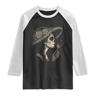 Vintage Dia de los Muertos Catrina Portrait Graphic Raglan Shirt Gothic Sugar Skull Woman Blowing Dandelion