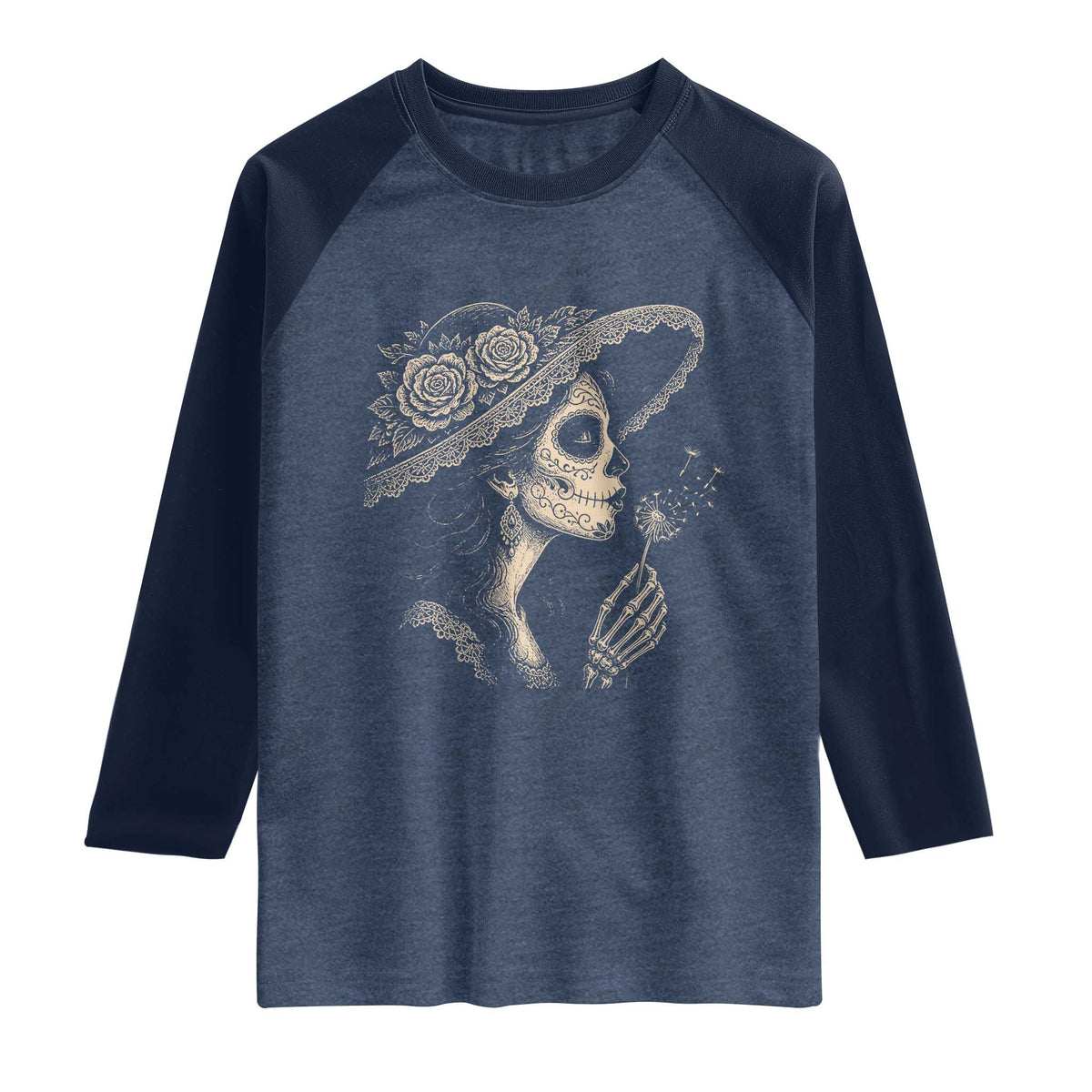 Vintage Dia de los Muertos Catrina Portrait Graphic Raglan Shirt Gothic Sugar Skull Woman Blowing Dandelion