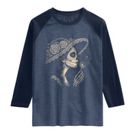 Vintage Dia de los Muertos Catrina Portrait Graphic Raglan Shirt Gothic Sugar Skull Woman Blowing Dandelion