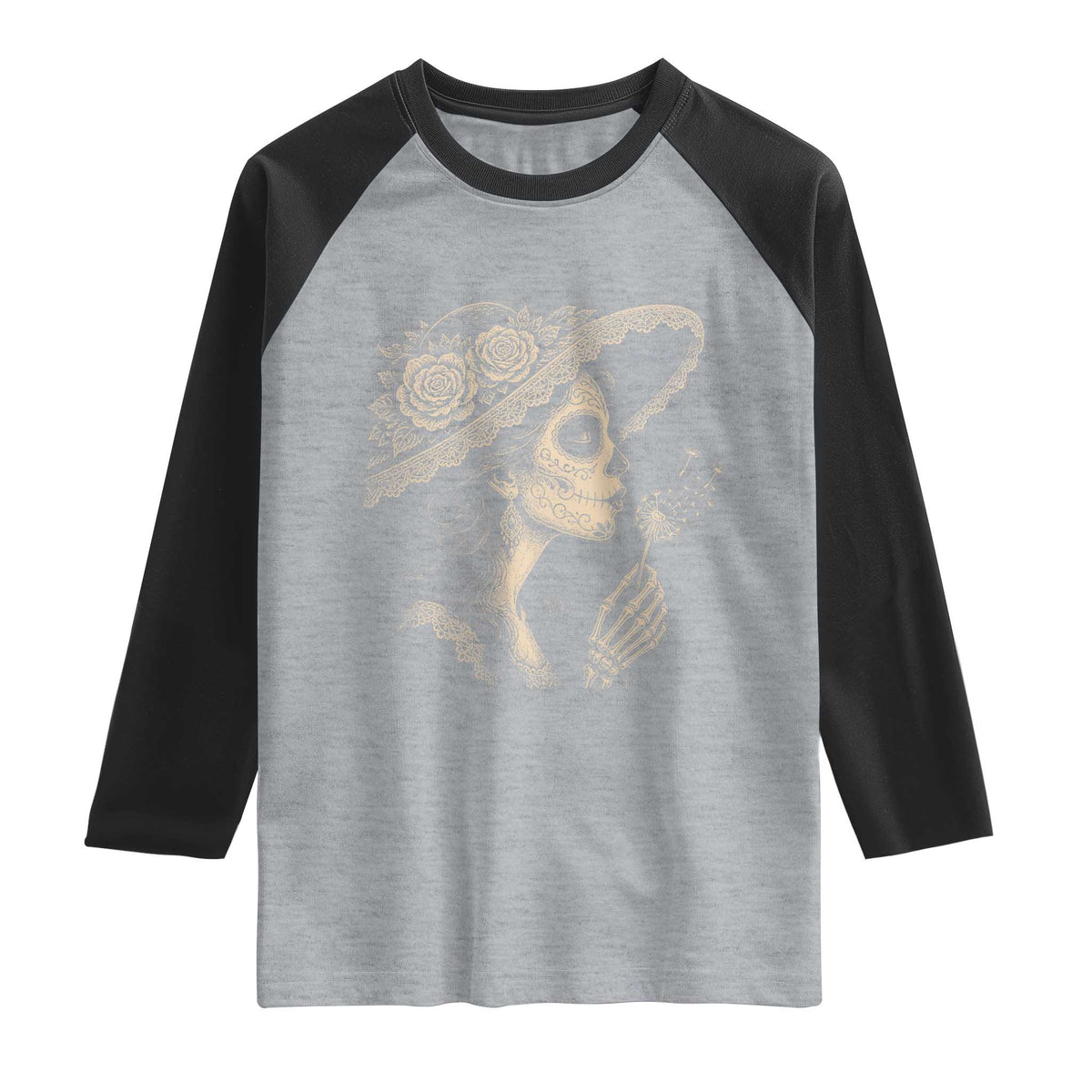 Vintage Dia de los Muertos Catrina Portrait Graphic Raglan Shirt Gothic Sugar Skull Woman Blowing Dandelion