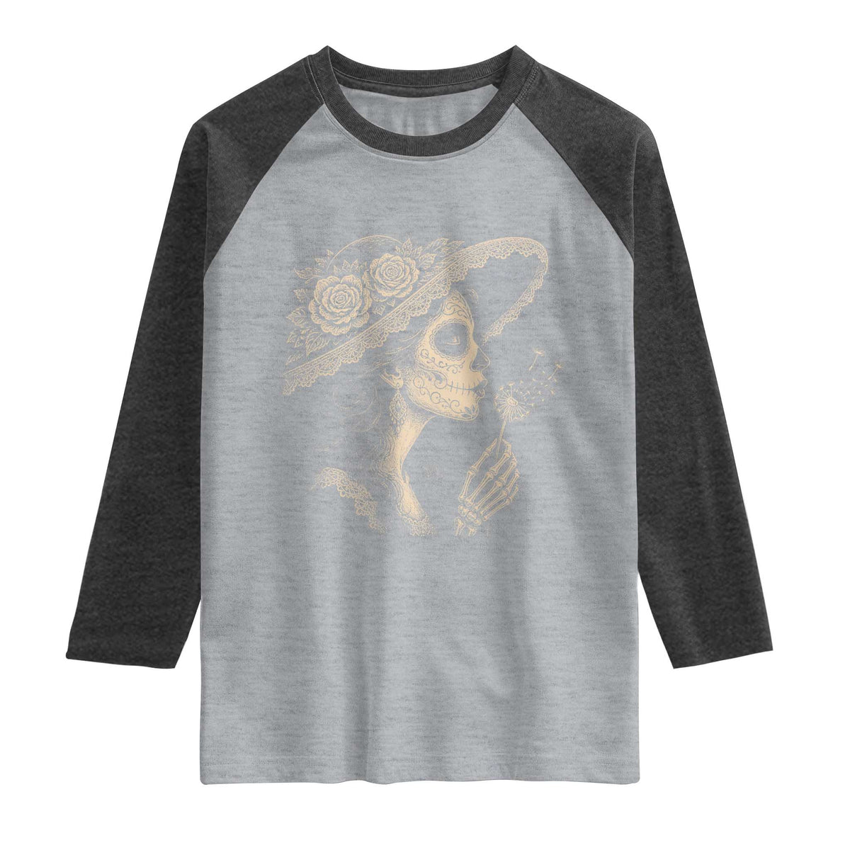 Vintage Dia de los Muertos Catrina Portrait Graphic Raglan Shirt Gothic Sugar Skull Woman Blowing Dandelion