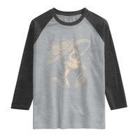 Vintage Dia de los Muertos Catrina Portrait Graphic Raglan Shirt Gothic Sugar Skull Woman Blowing Dandelion