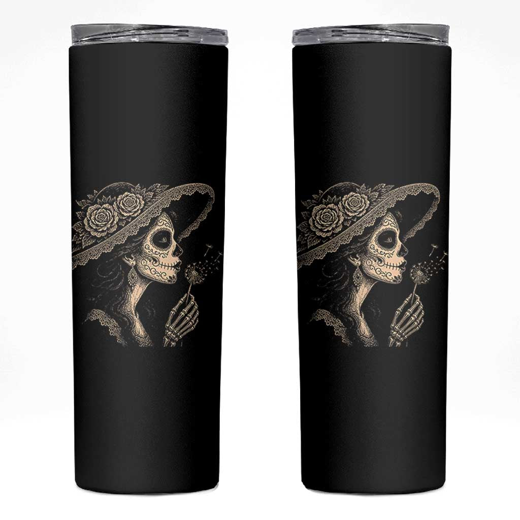 Vintage Dia de los Muertos Catrina Portrait Graphic Skinny Tumbler Gothic Sugar Skull Woman Blowing Dandelion