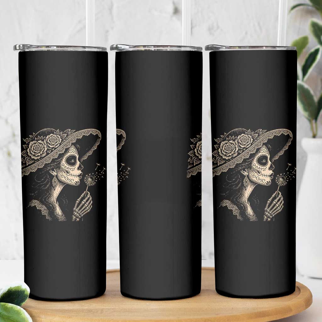 Vintage Dia de los Muertos Catrina Portrait Graphic Skinny Tumbler Gothic Sugar Skull Woman Blowing Dandelion