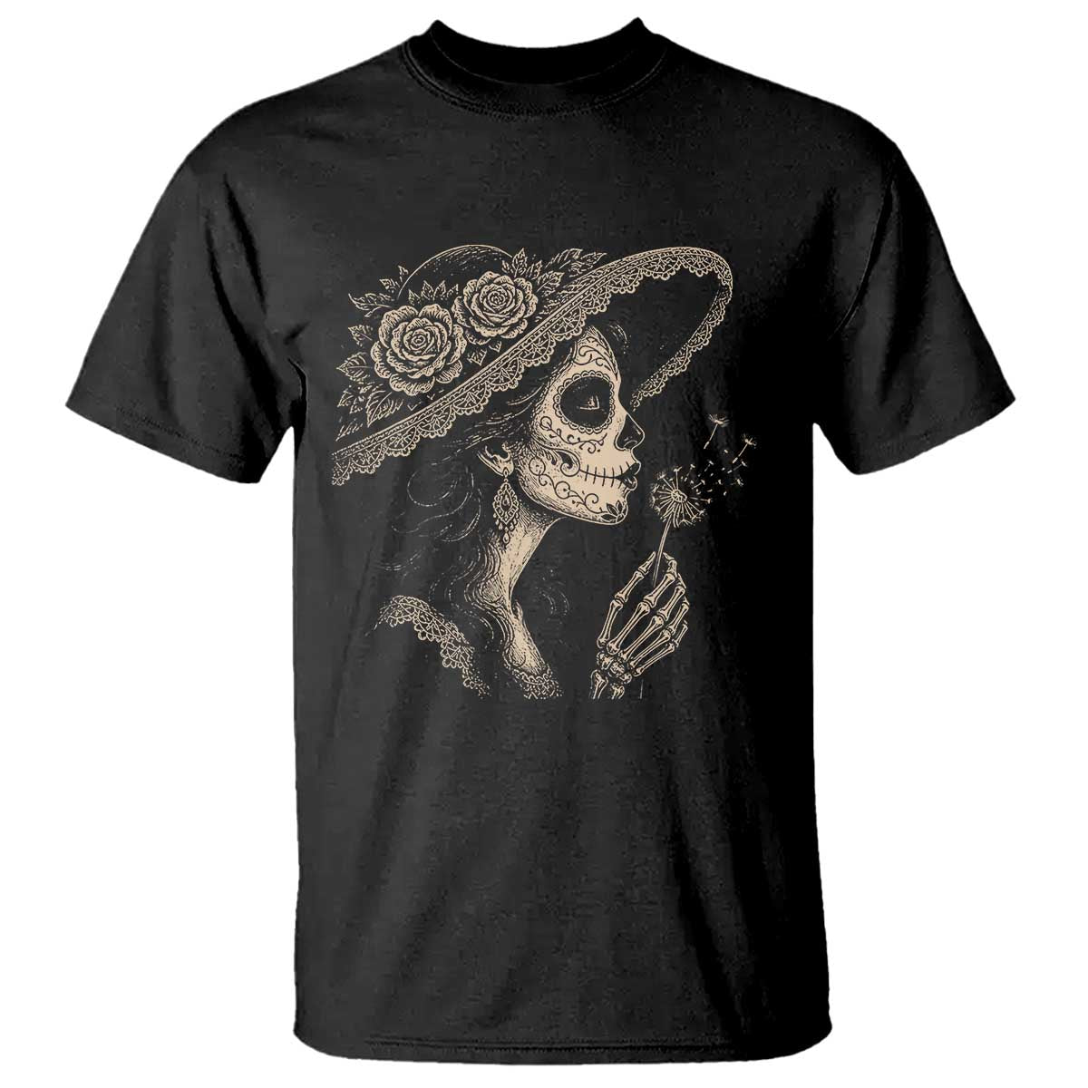 Vintage Dia de los Muertos Catrina Portrait Graphic T Shirt Gothic Sugar Skull Woman Blowing Dandelion