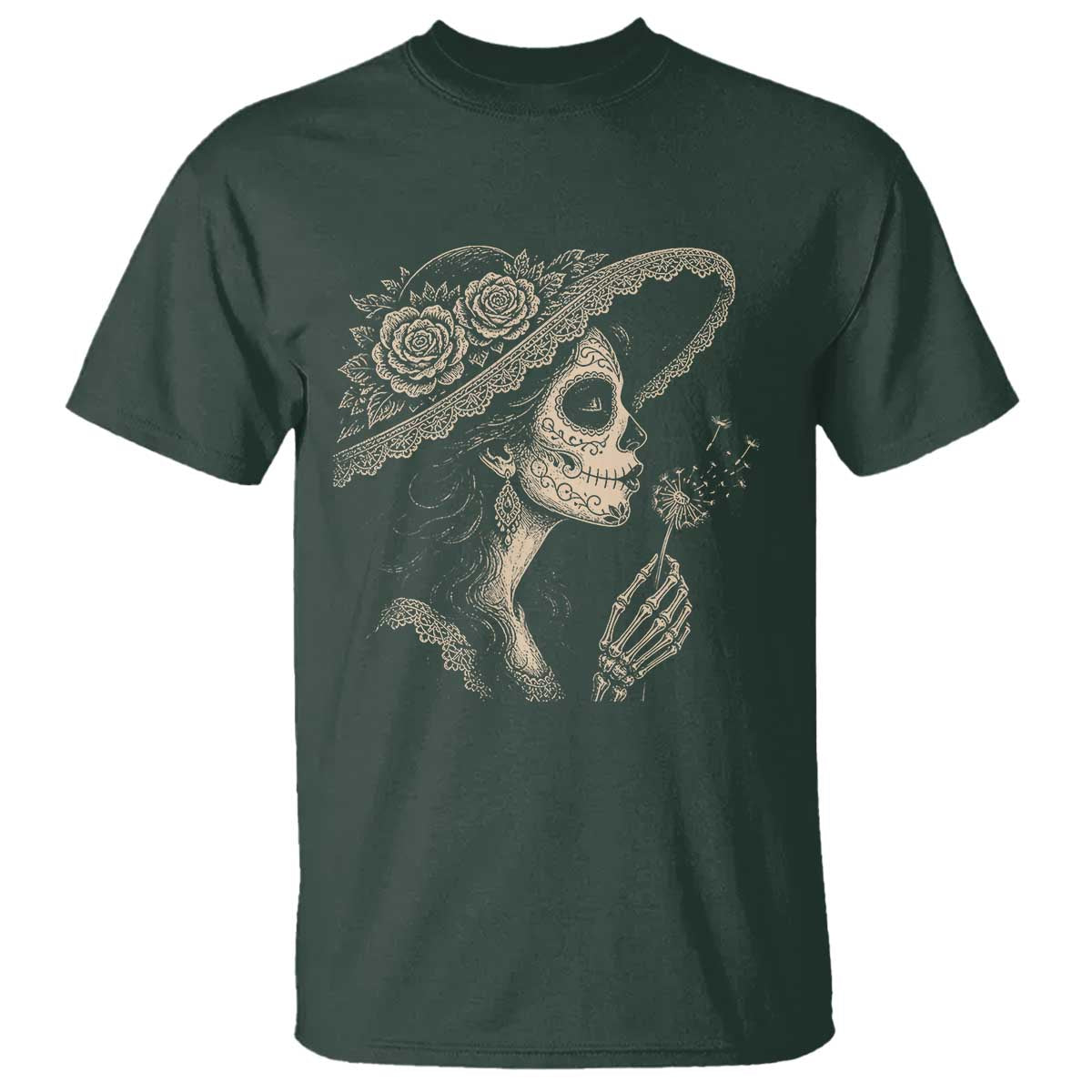 Vintage Dia de los Muertos Catrina Portrait Graphic T Shirt Gothic Sugar Skull Woman Blowing Dandelion