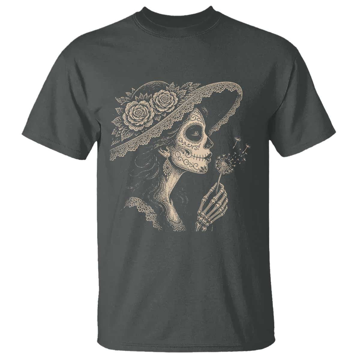 Vintage Dia de los Muertos Catrina Portrait Graphic T Shirt Gothic Sugar Skull Woman Blowing Dandelion