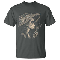 Vintage Dia de los Muertos Catrina Portrait Graphic T Shirt Gothic Sugar Skull Woman Blowing Dandelion