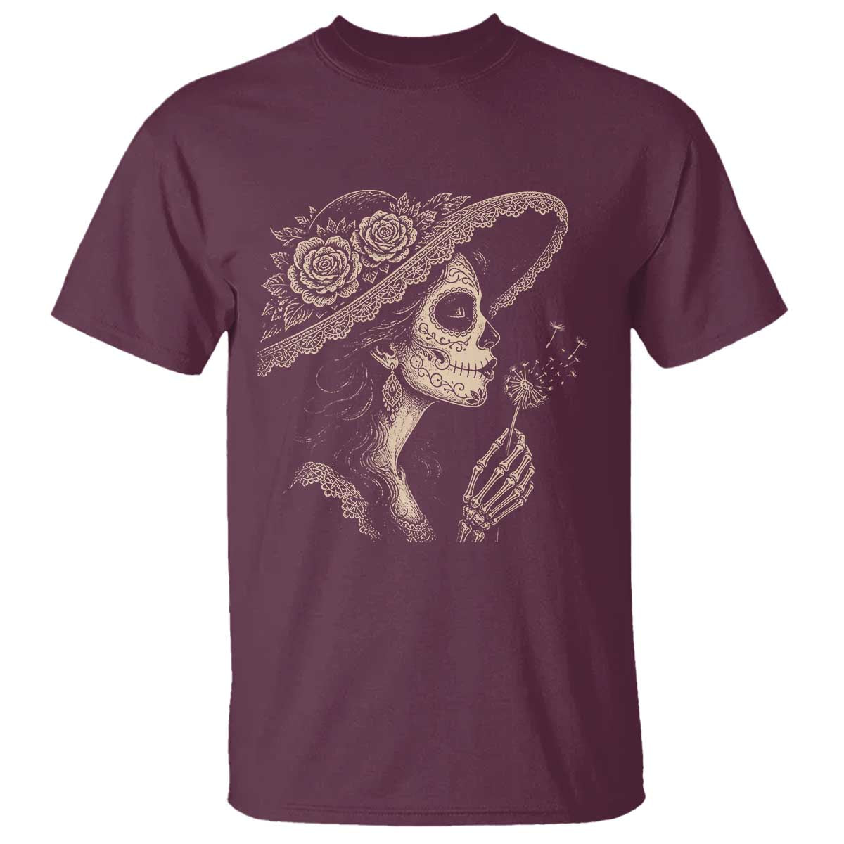 Vintage Dia de los Muertos Catrina Portrait Graphic T Shirt Gothic Sugar Skull Woman Blowing Dandelion