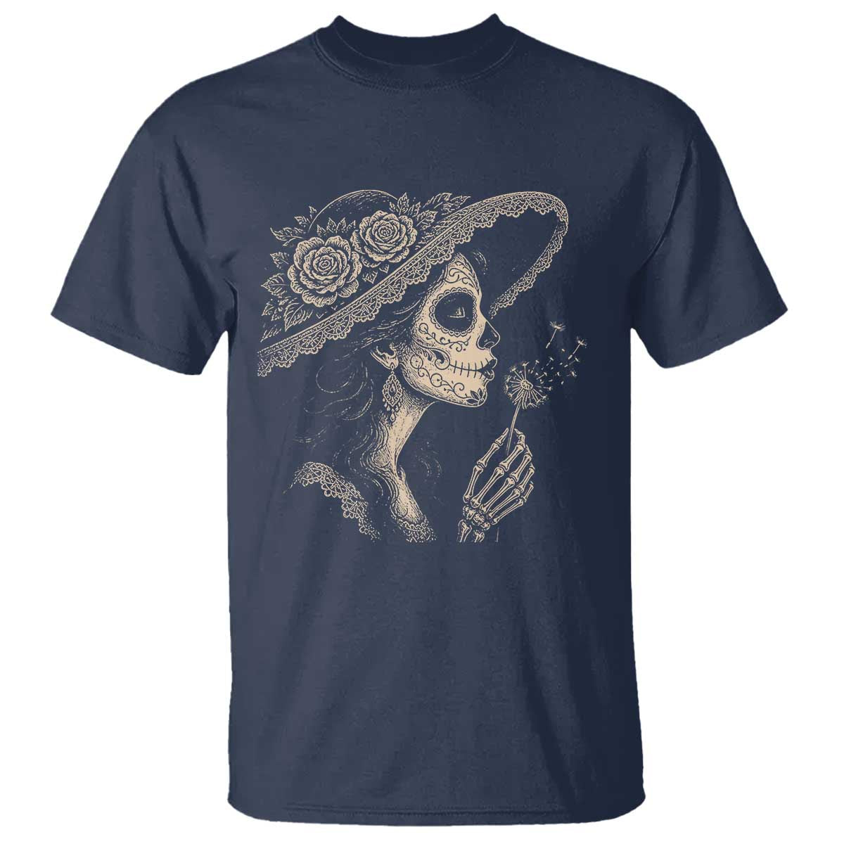 Vintage Dia de los Muertos Catrina Portrait Graphic T Shirt Gothic Sugar Skull Woman Blowing Dandelion