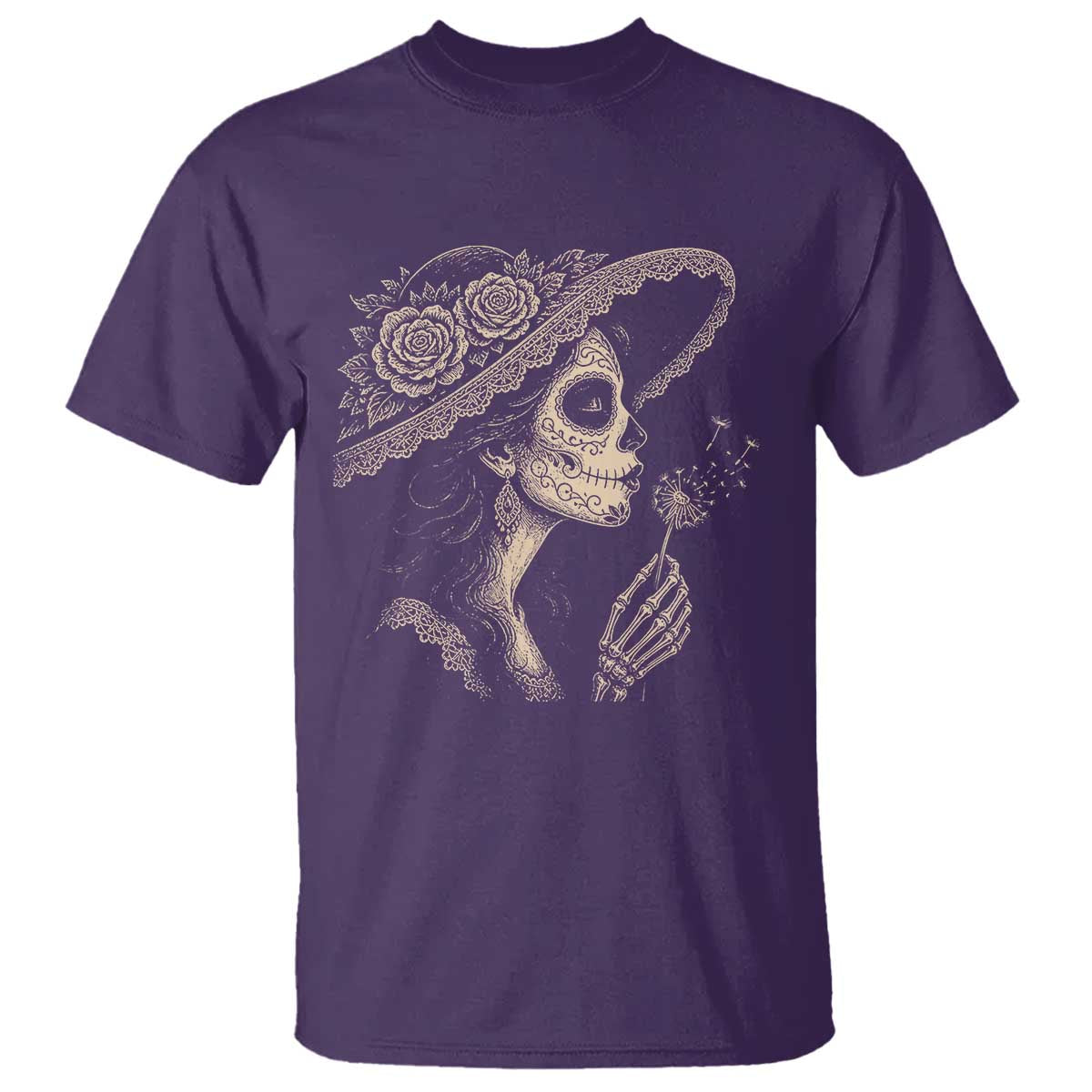 Vintage Dia de los Muertos Catrina Portrait Graphic T Shirt Gothic Sugar Skull Woman Blowing Dandelion