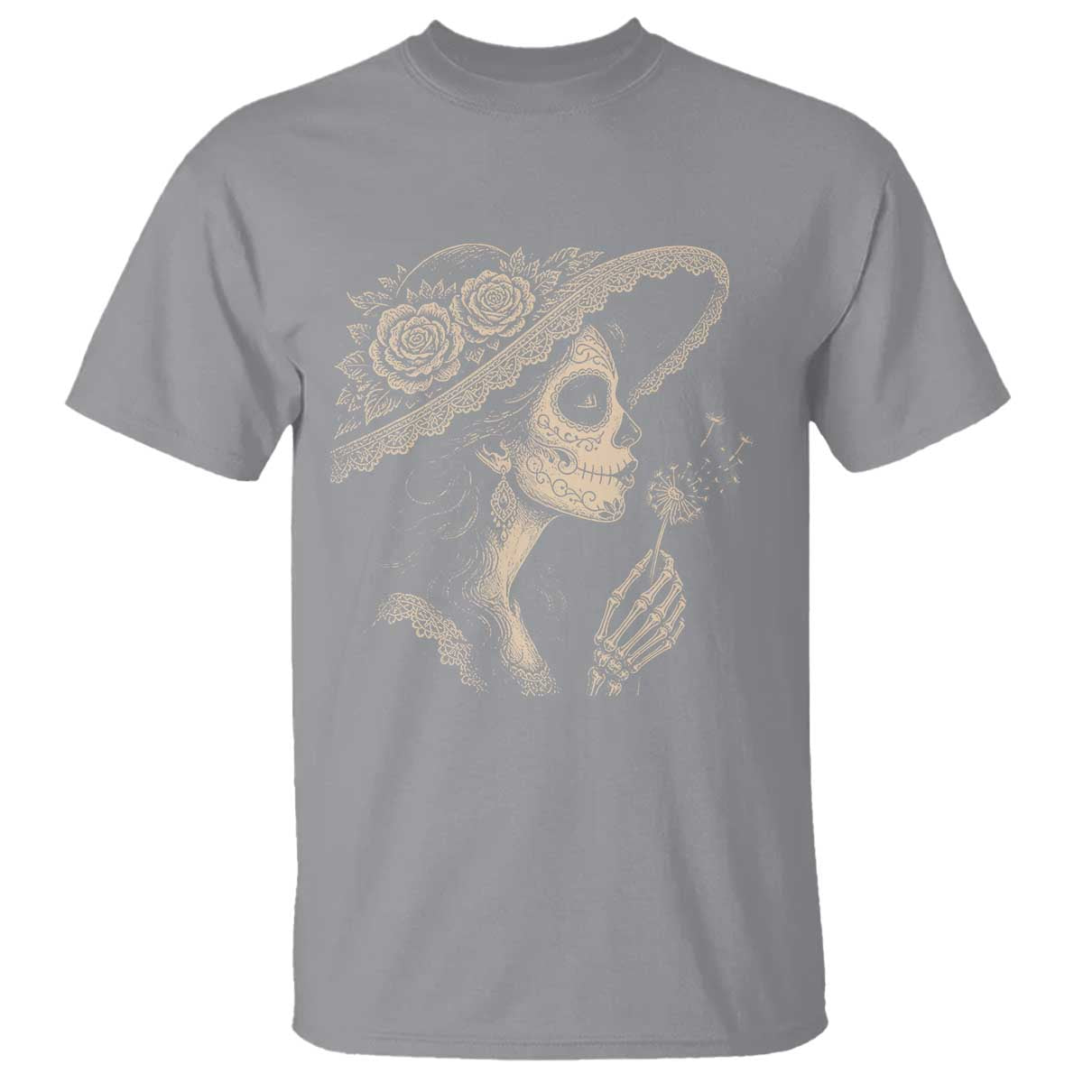 Vintage Dia de los Muertos Catrina Portrait Graphic T Shirt Gothic Sugar Skull Woman Blowing Dandelion