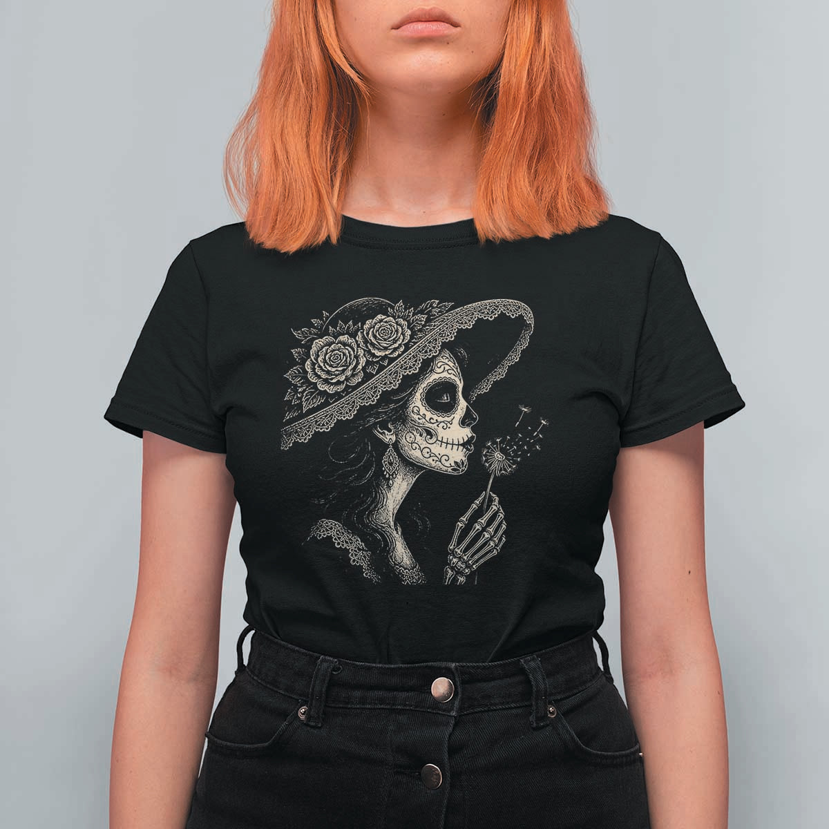 Vintage Dia de los Muertos Catrina Portrait Graphic T Shirt For Women Gothic Sugar Skull Woman Blowing Dandelion