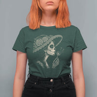 Vintage Dia de los Muertos Catrina Portrait Graphic T Shirt For Women Gothic Sugar Skull Woman Blowing Dandelion