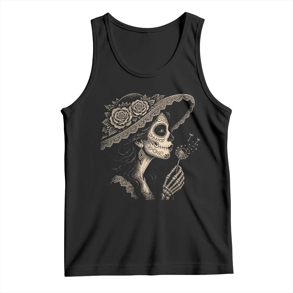 Vintage Dia de los Muertos Catrina Portrait Graphic Tank Top Gothic Sugar Skull Woman Blowing Dandelion