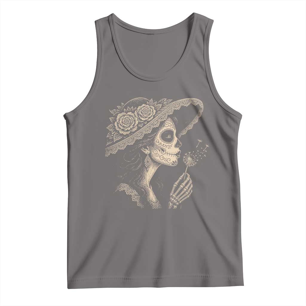 Vintage Dia de los Muertos Catrina Portrait Graphic Tank Top Gothic Sugar Skull Woman Blowing Dandelion