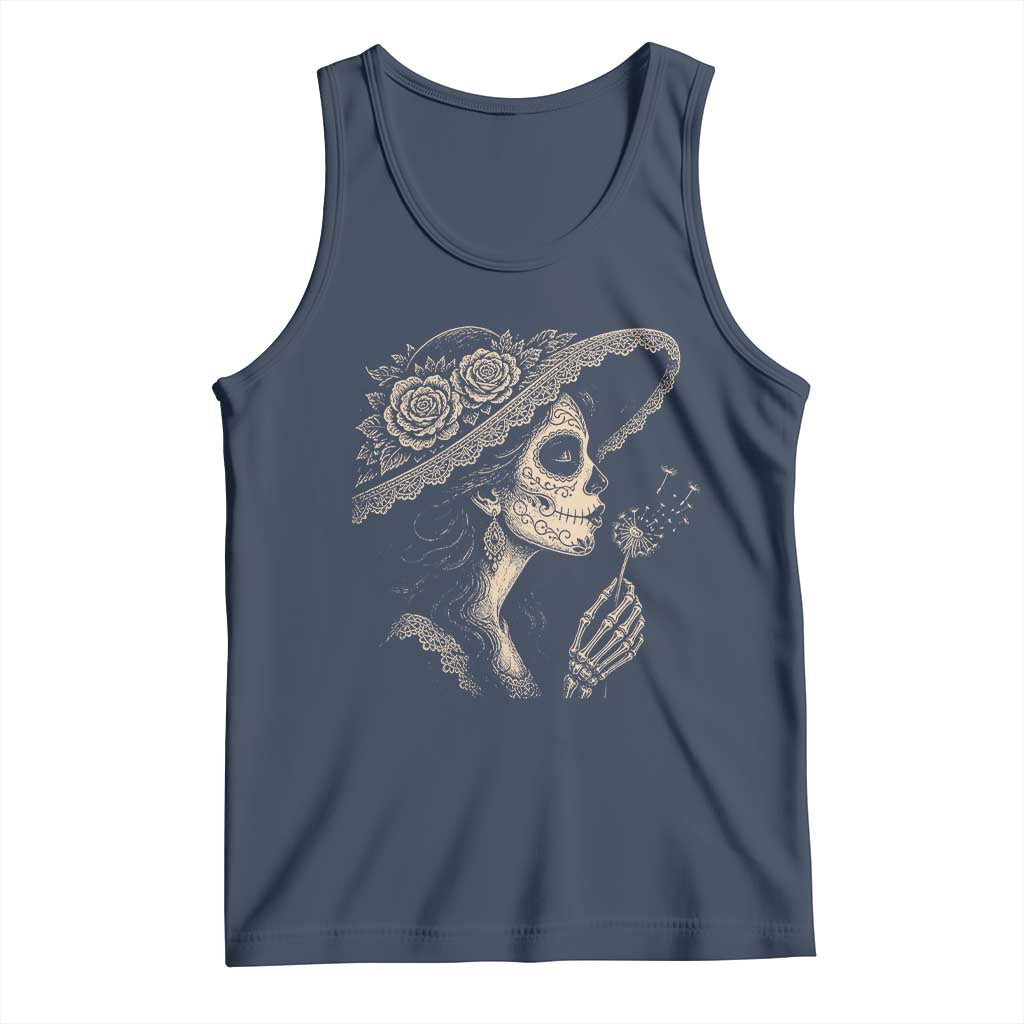 Vintage Dia de los Muertos Catrina Portrait Graphic Tank Top Gothic Sugar Skull Woman Blowing Dandelion