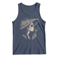 Vintage Dia de los Muertos Catrina Portrait Graphic Tank Top Gothic Sugar Skull Woman Blowing Dandelion