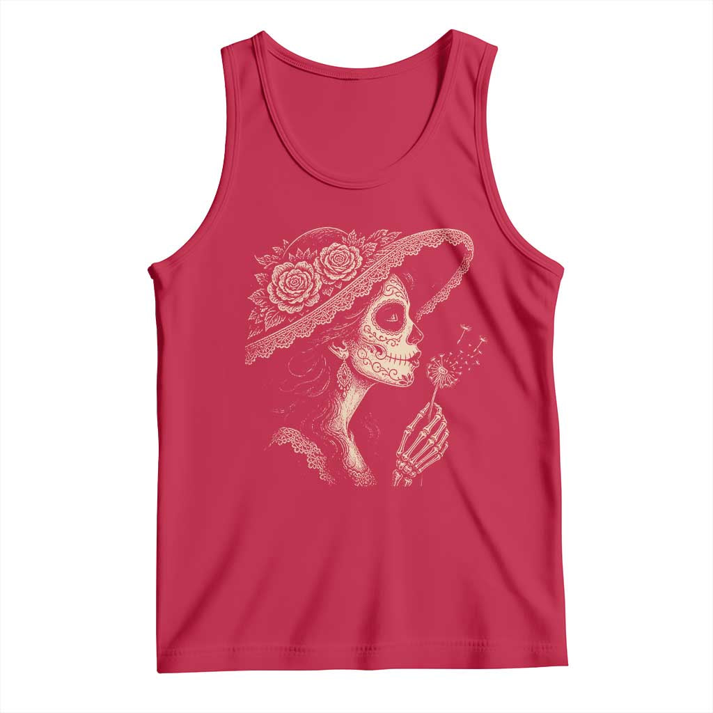 Vintage Dia de los Muertos Catrina Portrait Graphic Tank Top Gothic Sugar Skull Woman Blowing Dandelion