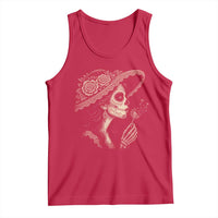 Vintage Dia de los Muertos Catrina Portrait Graphic Tank Top Gothic Sugar Skull Woman Blowing Dandelion