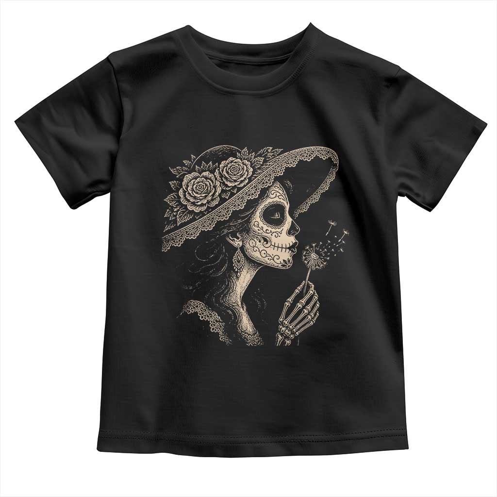 Vintage Dia de los Muertos Catrina Portrait Graphic Toddler T Shirt Gothic Sugar Skull Woman Blowing Dandelion