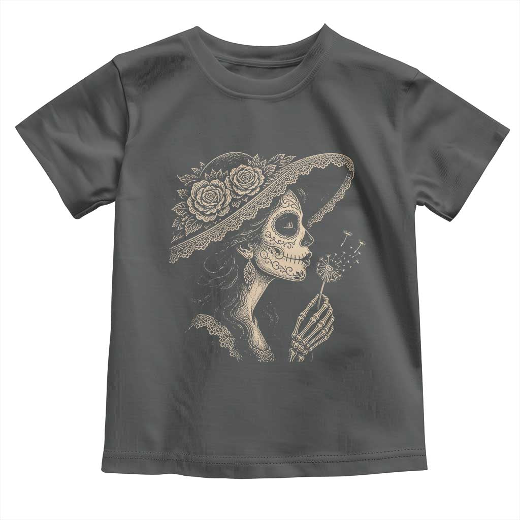 Vintage Dia de los Muertos Catrina Portrait Graphic Toddler T Shirt Gothic Sugar Skull Woman Blowing Dandelion