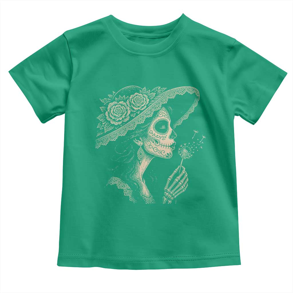Vintage Dia de los Muertos Catrina Portrait Graphic Toddler T Shirt Gothic Sugar Skull Woman Blowing Dandelion