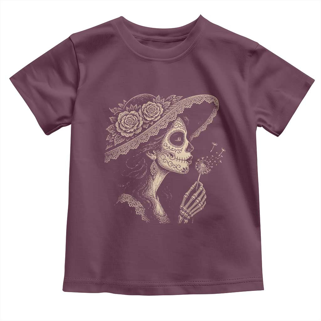 Vintage Dia de los Muertos Catrina Portrait Graphic Toddler T Shirt Gothic Sugar Skull Woman Blowing Dandelion