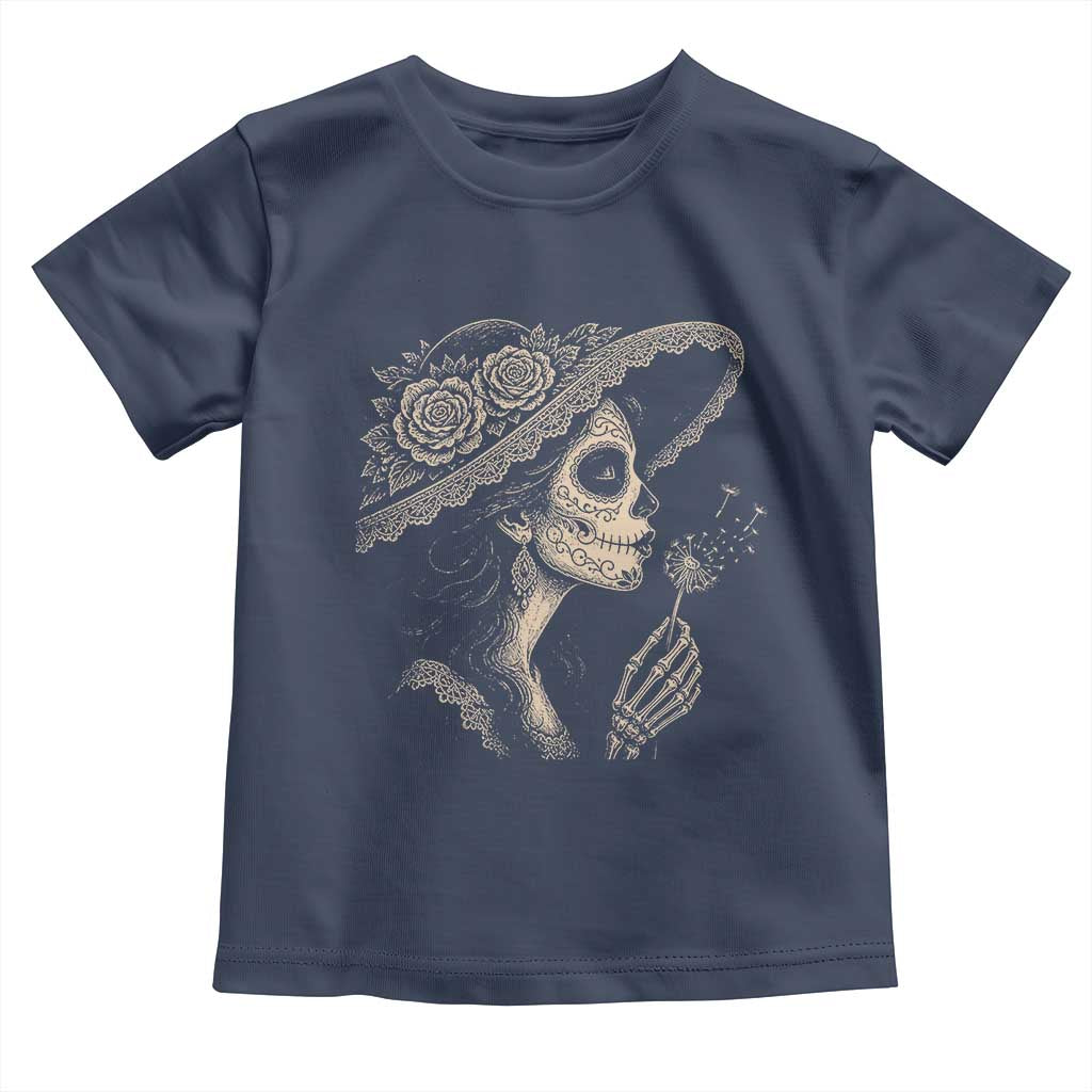 Vintage Dia de los Muertos Catrina Portrait Graphic Toddler T Shirt Gothic Sugar Skull Woman Blowing Dandelion