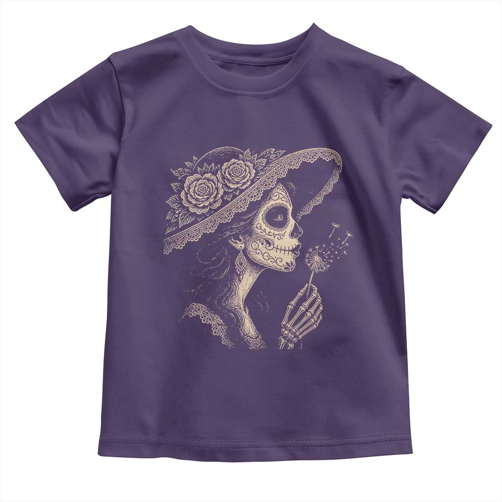 Vintage Dia de los Muertos Catrina Portrait Graphic Toddler T Shirt Gothic Sugar Skull Woman Blowing Dandelion
