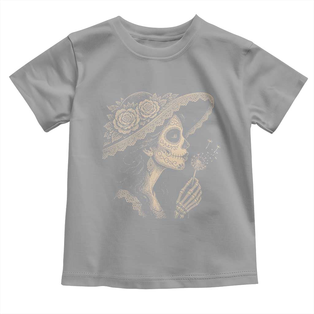 Vintage Dia de los Muertos Catrina Portrait Graphic Toddler T Shirt Gothic Sugar Skull Woman Blowing Dandelion