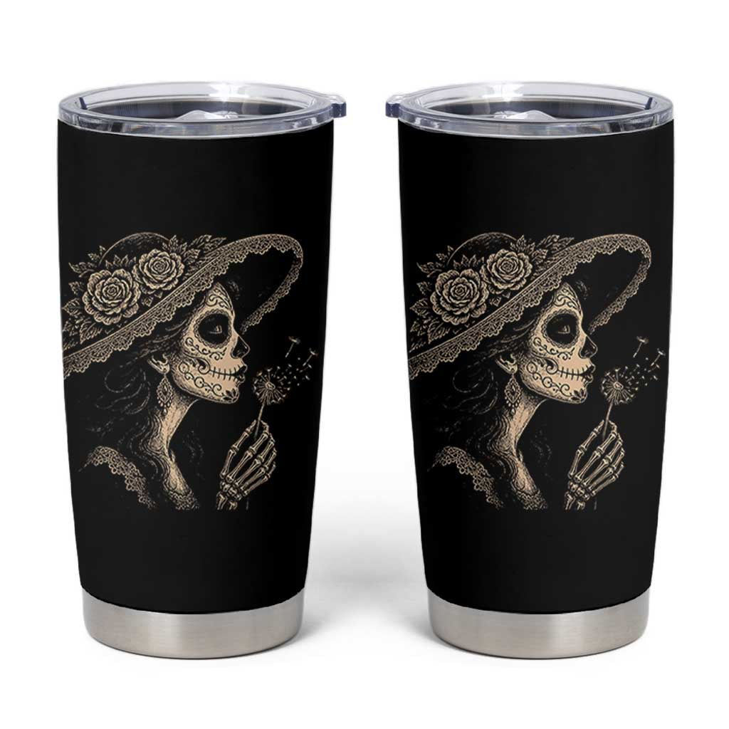 Vintage Dia de los Muertos Catrina Portrait Graphic Tumbler Cup Gothic Sugar Skull Woman Blowing Dandelion