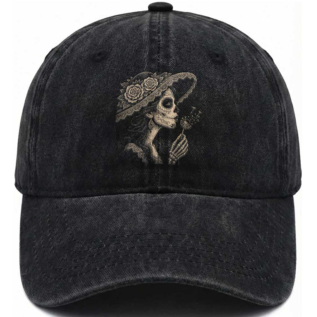 Vintage Dia de los Muertos Catrina Portrait Graphic Washed Cotton Baseball Cap Gothic Sugar Skull Woman Blowing Dandelion