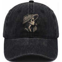 Vintage Dia de los Muertos Catrina Portrait Graphic Washed Cotton Baseball Cap Gothic Sugar Skull Woman Blowing Dandelion