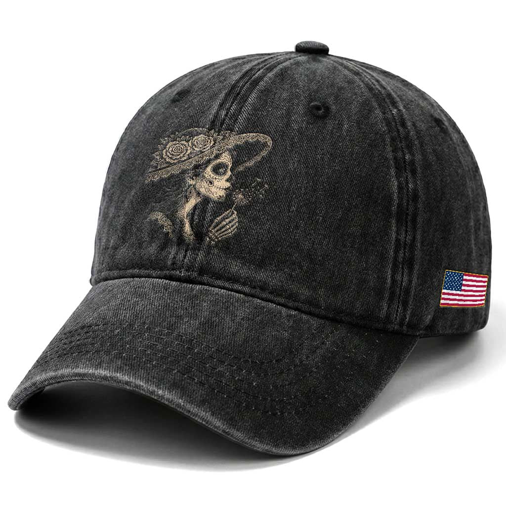 Vintage Dia de los Muertos Catrina Portrait Graphic Washed Cotton Baseball Cap Gothic Sugar Skull Woman Blowing Dandelion