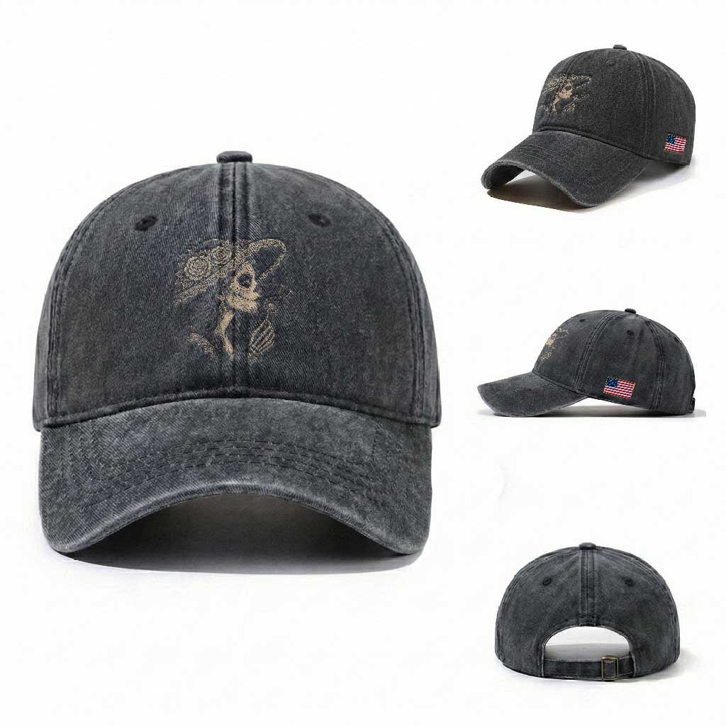 Vintage Dia de los Muertos Catrina Portrait Graphic Washed Cotton Baseball Cap Gothic Sugar Skull Woman Blowing Dandelion