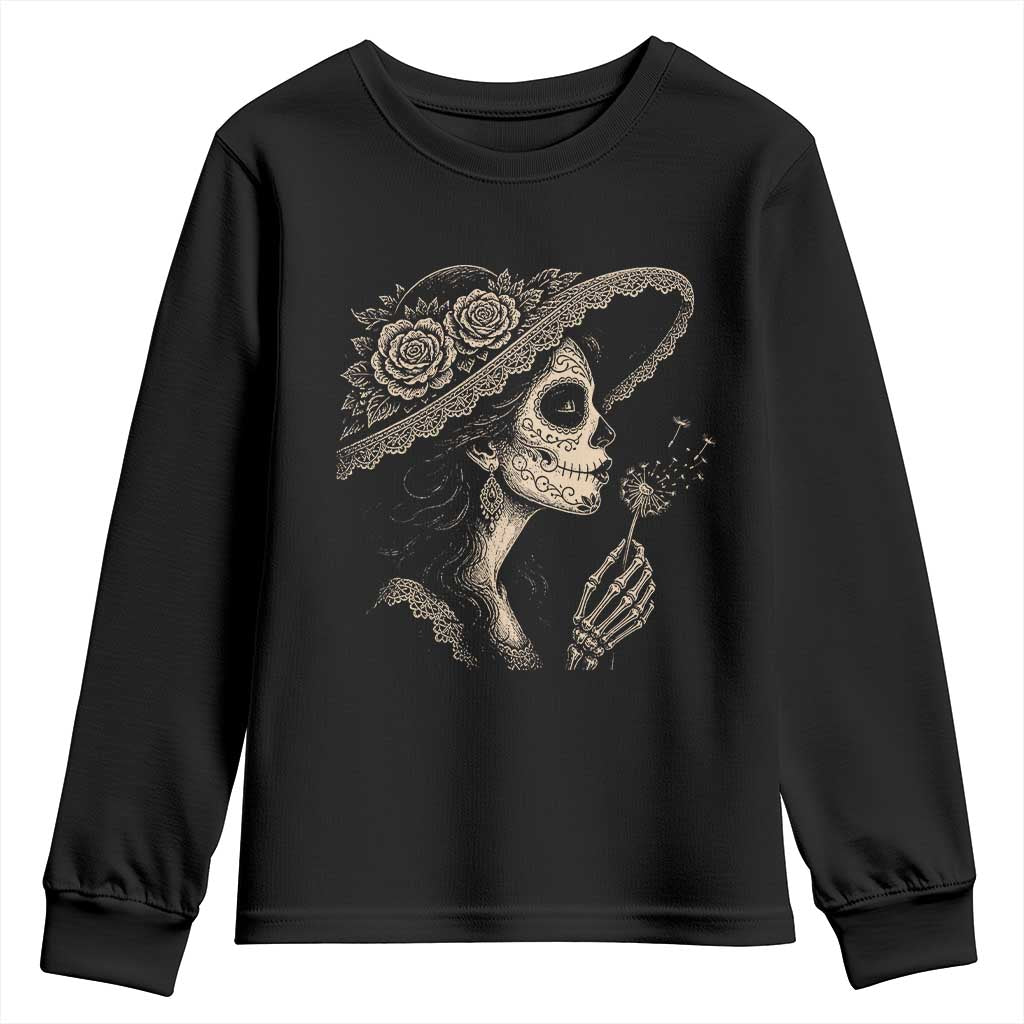 Vintage Dia de los Muertos Catrina Portrait Graphic Youth Sweatshirt Gothic Sugar Skull Woman Blowing Dandelion