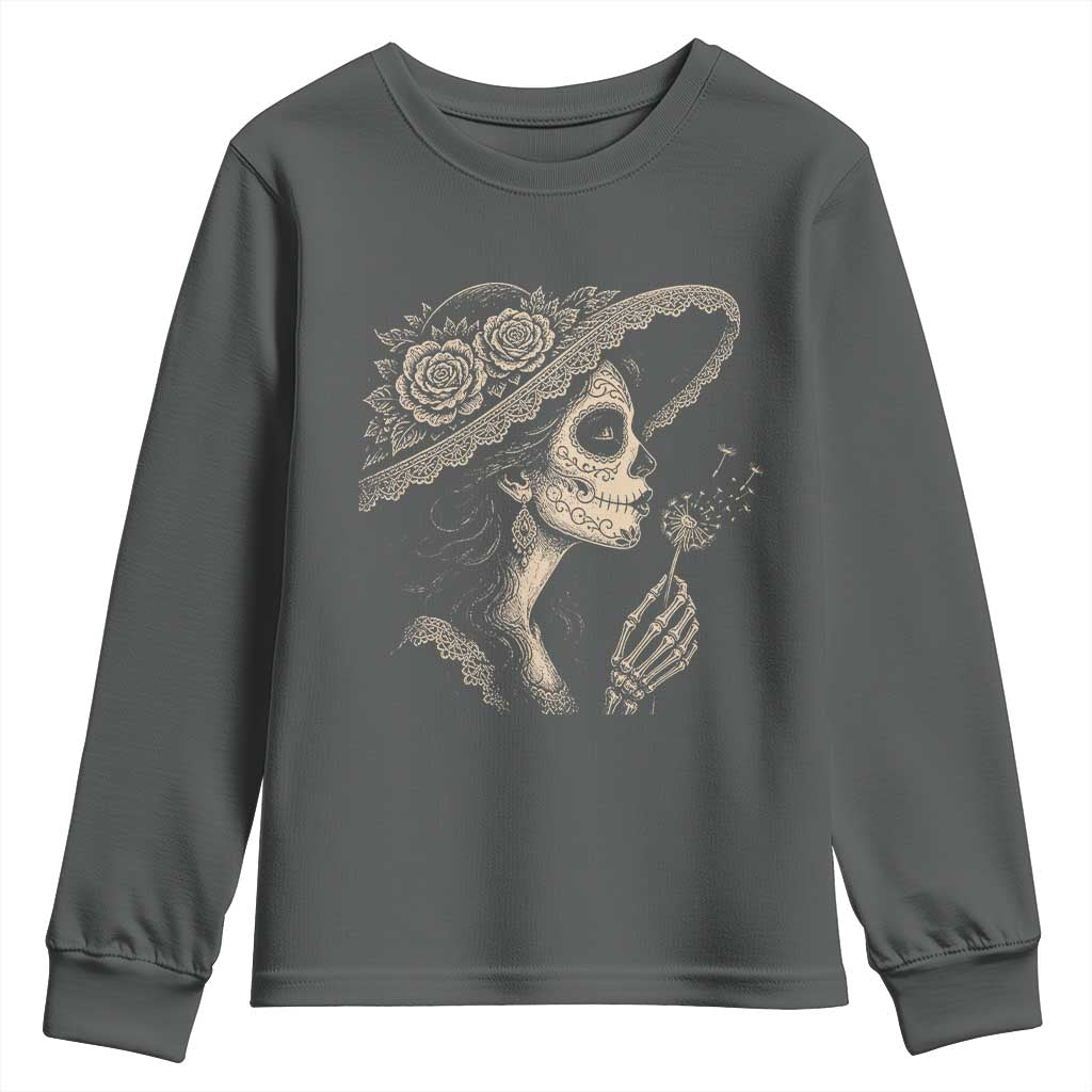 Vintage Dia de los Muertos Catrina Portrait Graphic Youth Sweatshirt Gothic Sugar Skull Woman Blowing Dandelion